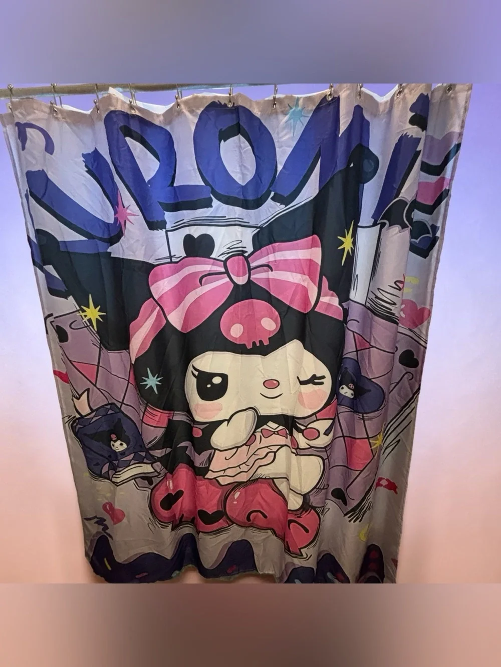 Sanrio Kuromi Shower Curtain Pink Bow Hearts Black Jester Hat Hearts Bathroom